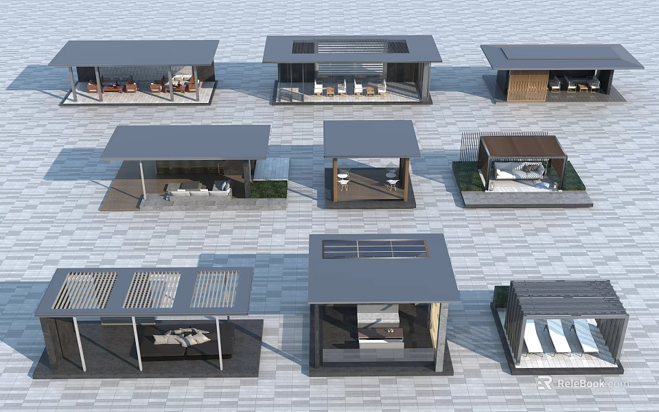 Various Modern Outdoor Pavilion Designs With Different Roofs Seating And Materials 3d model 