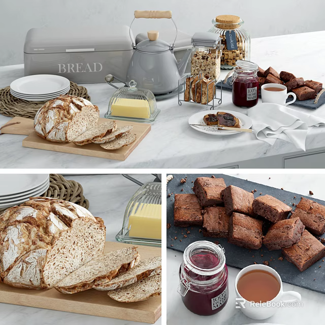 Fresh Homemade Bread And Brownies Displayed On Marble Countertop With Butter Jam And Coffee 3d model 