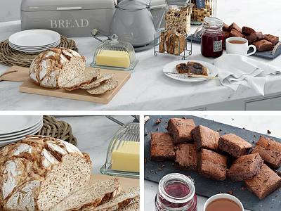 Fresh Homemade Bread And Brownies Displayed On Marble Countertop With Butter Jam And Coffee 3d model