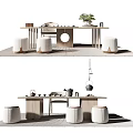 Modern Minimalist Tea Table and Stools with Tea Sets and Green Plant 3d model