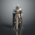 Man In Medieval Metallic Armor Standing With Cloak And Sword
