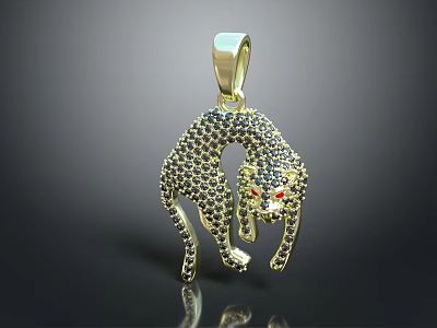 Gold Leopard Pendant Encrusted with Black Diamonds and Red Eye Gems 3d model