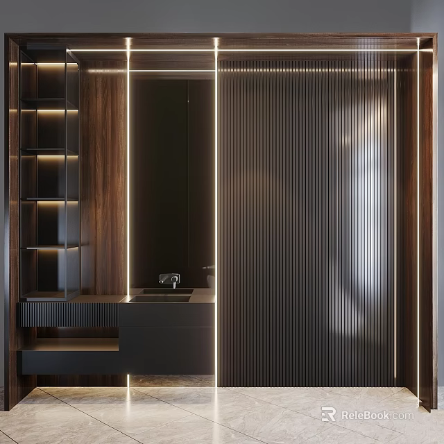 Modern Bathroom Vanity With Wooden Shelves And Recessed Lighting Design 3d model 