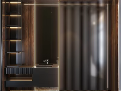Modern Bathroom Vanity With Wooden Shelves And Recessed Lighting Design 3d model