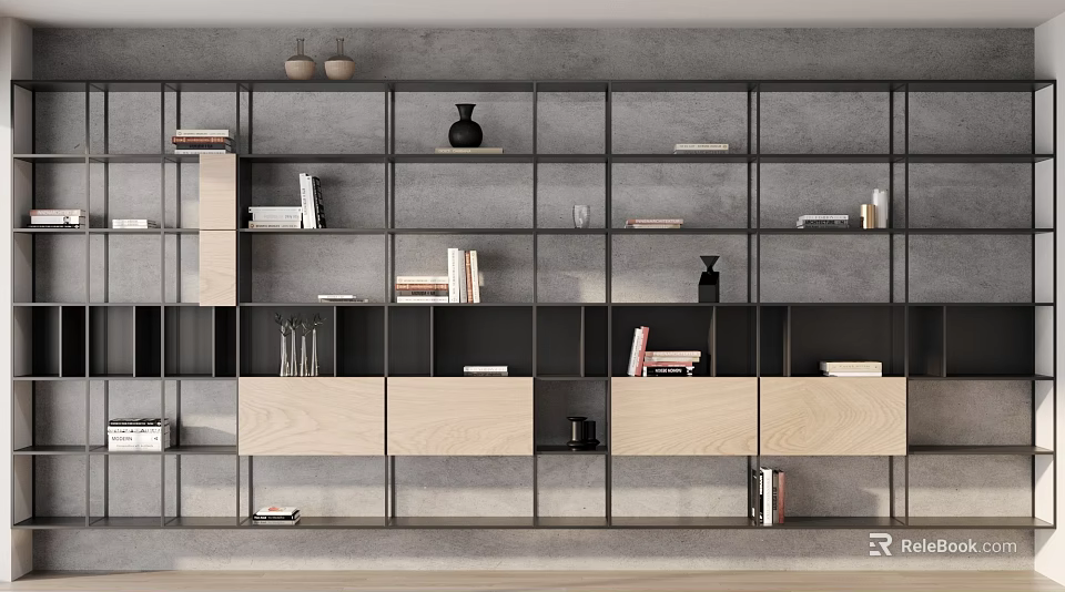 Modern Bookshelf With Open Compartments Metal Frame Wooden Shelves And Books 3d model 