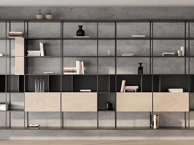 Modern Bookshelf With Open Compartments Metal Frame Wooden Shelves And Books 3d model