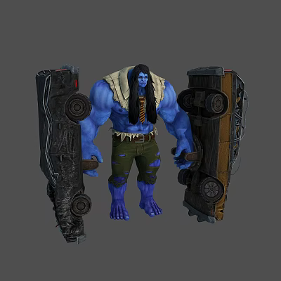 Blue Skinned Long Haired Giant Character With Green Pants Cloth On Shoulders Holding Vehicle Parts 3d model