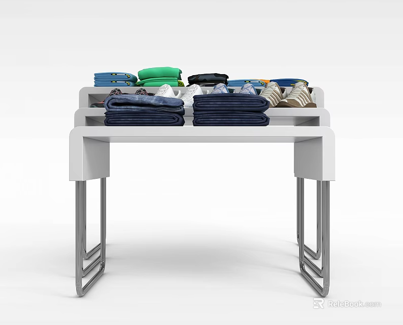 Modern White Display Rack With Metal Legs And Folded Colorful Garments 3d model 