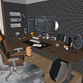 Modern Gaming Desk Setup With Dual Monitors Office Chair Display Shelves And Rug