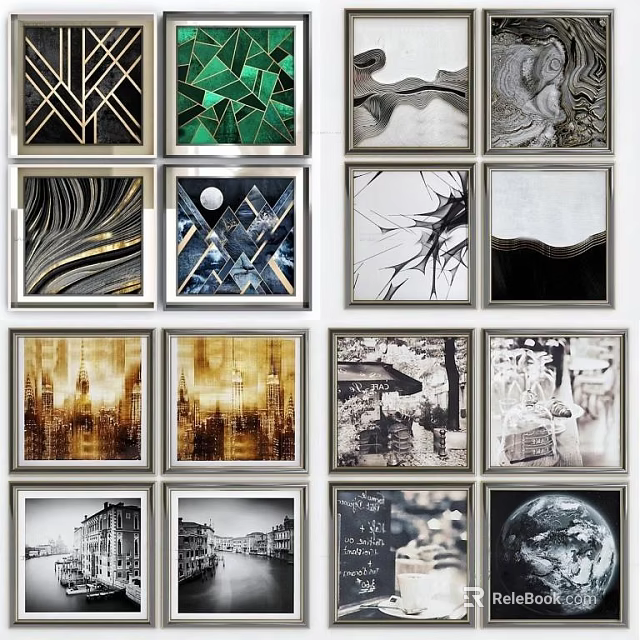 Diverse Abstract Paintings Collection With Framed Artworks Geometric Patterns And Marble Textures 3d model 