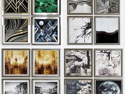 Diverse Abstract Paintings Collection With Framed Artworks Geometric Patterns And Marble Textures 3d model