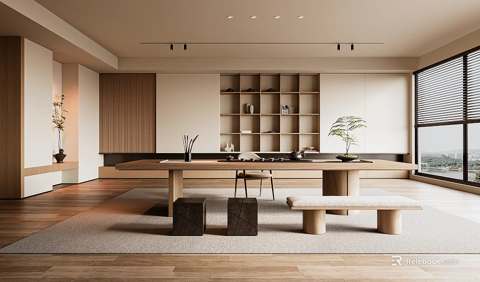 Modern Minimalist Tea Room With Wooden Table Shelves And Plants 3d model