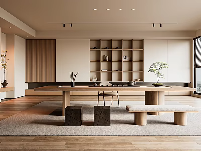 Modern Minimalist Tea Room With Wooden Table Shelves And Plants 3d model