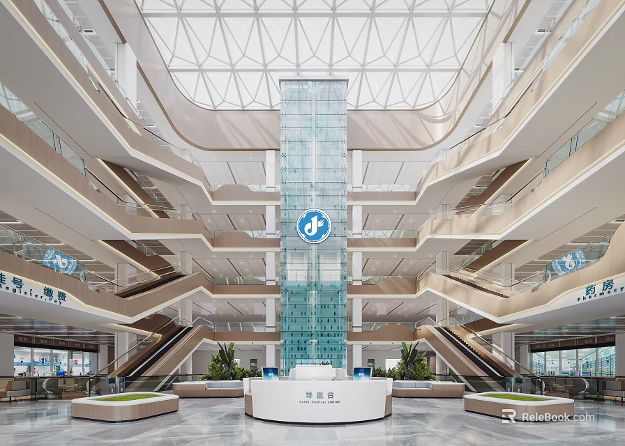 Spacious Hospital Outpatient Clinic Interior With Glass Elevator And Service Desk 3d model 