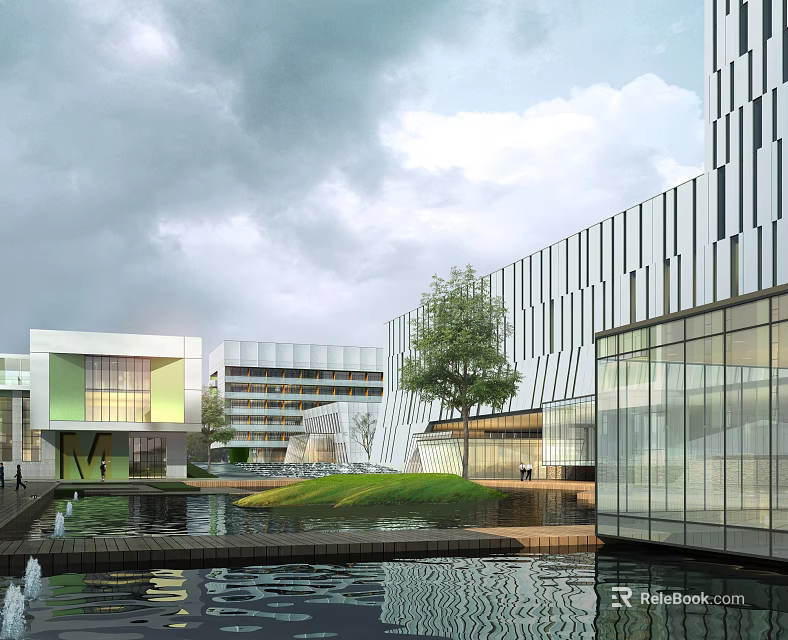 Modern Industrial Park with Contemporary Architecture Water Features and Green Areas 3d model 