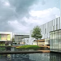 Modern Industrial Park with Contemporary Architecture Water Features and Green Areas