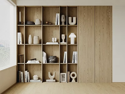 Wooden Display Cabinet With Multiple Shelves Showcasing Books Vases And Sculptures In Modern Minimalist Interior 3d model