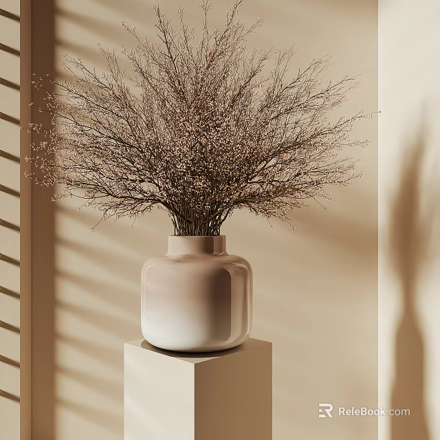 Dried Flower Arrangement in Ceramic Vase on White Pedestal with Soft Light Shadow Patterns 3d model 