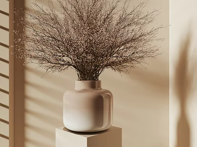 Dried Flower Arrangement in Ceramic Vase on White Pedestal with Soft Light Shadow Patterns 3d model