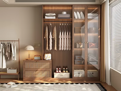Modern Wooden Wardrobe With Glass Doors Hanging Clothes Storage Drawers And Decorative Boxes 3d model