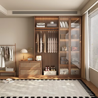 Modern Wooden Wardrobe With Glass Doors Hanging Clothes Storage Drawers And Decorative Boxes 3d model