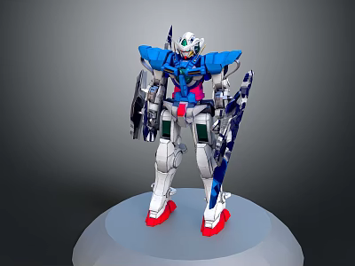 Detailed Blue White Red Gundam Model With Armor Weapons On Display Base 3d model