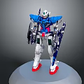 Detailed Blue White Red Gundam Model With Armor Weapons On Display Base 3d model