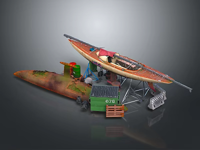 Old Wooden Boat On Metal Stand With Green Crate And Wooden Box 3d model