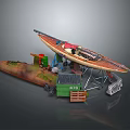 Old Wooden Boat On Metal Stand With Green Crate And Wooden Box
