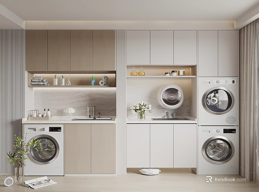 Modern Laundry Room Interior Design With Washing Machines Dryers Cabinets Sink And Plants 3d model 