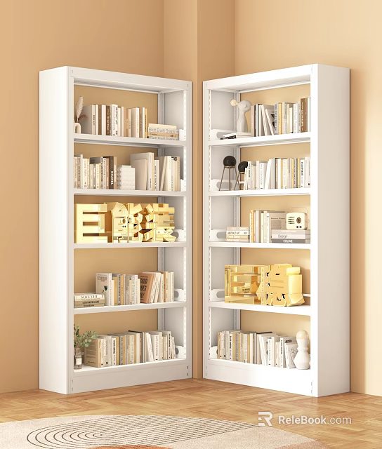 White Modern Bookshelves With Multiple Shelves Books And Golden Decor Items 3d model 