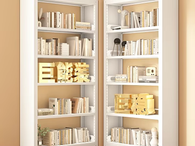 White Modern Bookshelves With Multiple Shelves Books And Golden Decor Items 3d model