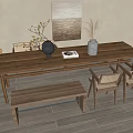 Wooden Dining Table Set With Chairs Bench Decorative Vase And Wall Art