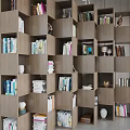 Stylish Modern Wooden Bookshelf Interior With Geometric Shelves Books Decorations And Vases