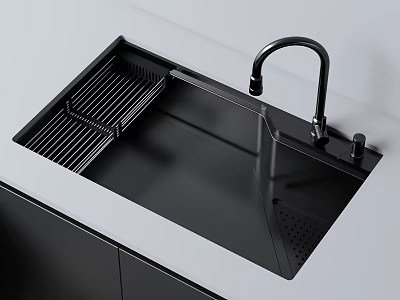 Black Kitchen Sink With Drainer Rack And Black Faucet On White Countertop 3d model