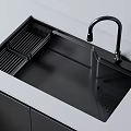 Black Kitchen Sink With Drainer Rack And Black Faucet On White Countertop