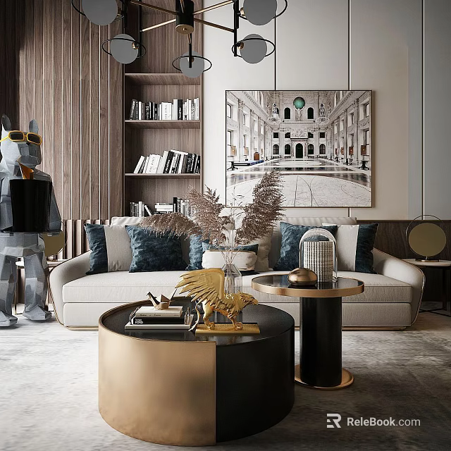 Modern Sofa Coffee Table Set with Gold Black Round Tables Plush Pillows and Decor 3d model 