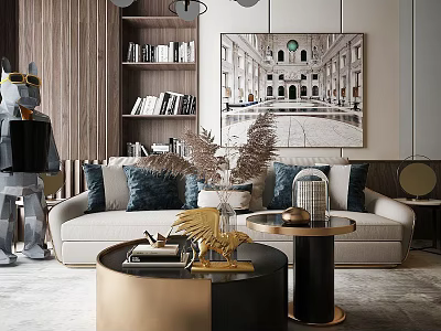 Modern Sofa Coffee Table Set with Gold Black Round Tables Plush Pillows and Decor 3d model