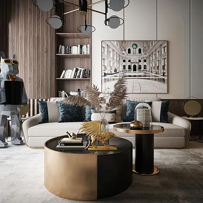 Modern Sofa Coffee Table Set with Gold Black Round Tables Plush Pillows and Decor 3d model