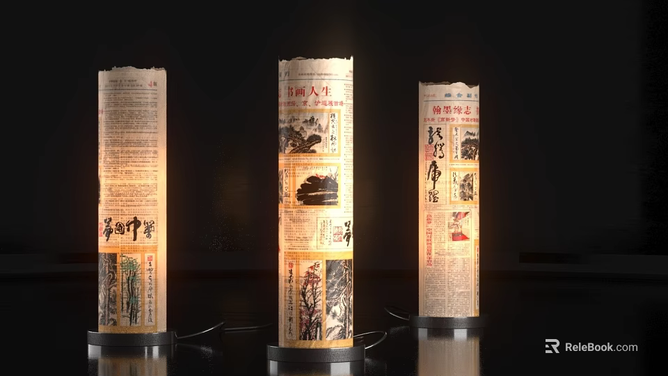 Unique Decorative Lamps with Vintage Rolled Newspaper Design and Chinese Art Elements 3d model 