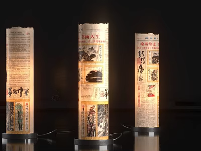 Unique Decorative Lamps with Vintage Rolled Newspaper Design and Chinese Art Elements 3d model