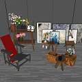 Elegant Decorative Ornament Collection With Vases Flower Bouquets Framed Paintings And Wooden Accents