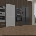 Modern White And Silver Refrigerators In Kitchen With Wooden Cabinets And Built In Ovens