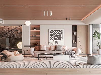 Modern Living Room Interior With Sofa Artwork Rug And Pendant Light 3d model