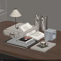 Modern Decorative Accessory Set on Wooden Table with Lamp Metal Cups Books and Tray