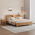 Wooden Double Bed with Headboard Nightstands Cozy Bedding and Window Curtains in Modern Bedroom