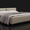 Modern Upholstered Double Bed With Textured Headboard And Striped Blanket White Pillows 3d model