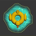 Yellow Duck Shaped Inflatable Swimming Ring With Orange Beak And Feet Floating On Water Surface