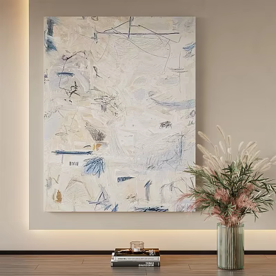 Contemporary Abstract Painting Featuring Blue White Tones With Vase Of Flowers On Wall 3d model