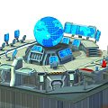 Cartoon Style Space Command Center With Blue Globe And Control Panels 3d model